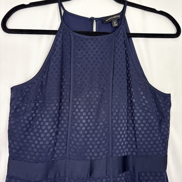 Banana Republic Navy Halter Top Fit & Flare Dress Size 6P Polka Dot Texture Midi - Picture 2 of 13